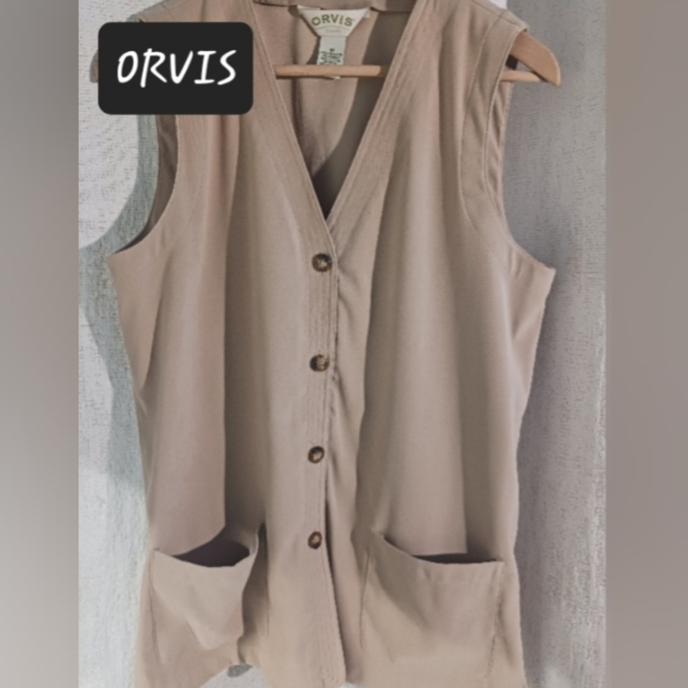 ORVIS tan midi vest womens size medium pockets Super soft